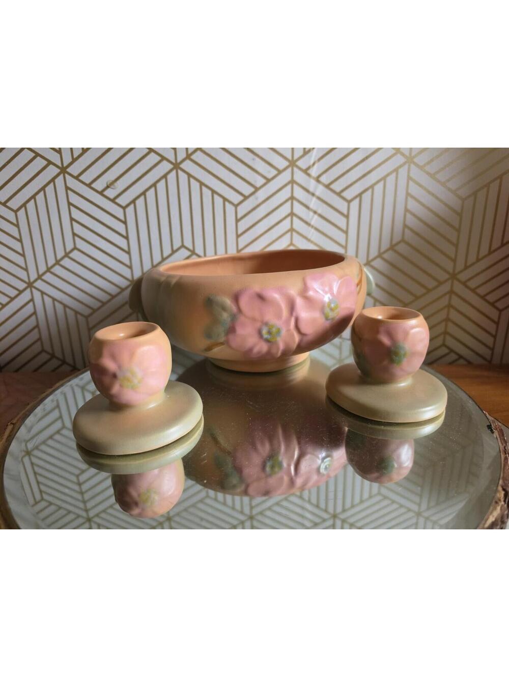 Vintage 1940's Weller Pottery Wild Rose Jardinière Bowl w Candlestick Holders